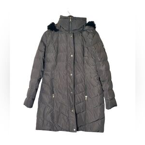 Lauren Ralph Lauren Gray/Green Down Fill Faux Fur Hooded Puffer Coat Size Large